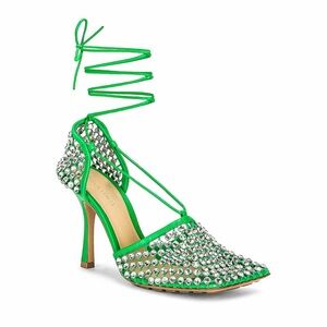 Bottega Veneta Sparkle Lace-Up Rhinestone Sandals Green Square Toe EU38 US8 New